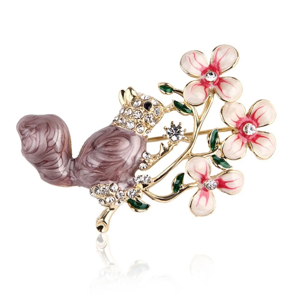 Women Pink Flower Drop Oil Alloy Squirrel Shaped Brooches Fashion Small Animal Brooch Pins Accessories | Украшения и аксессуары