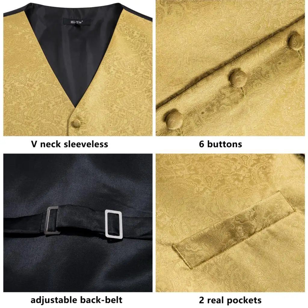Hi-Tie Men's Vest Suit With Hanky Cufflinks Wedding Stage Show Vest For Men Gold Shiny Sequins Waistcoat Yellow  Classic Vests
