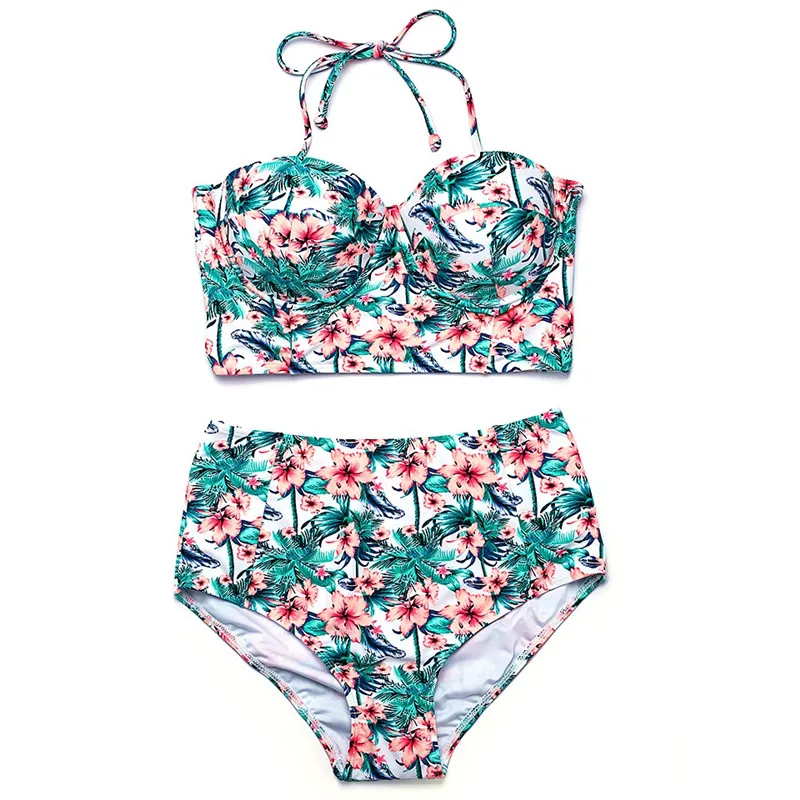

2019 Retro Floral Bikini Set Print Swimwear High Waist Bikinis Halter Bathing Suits Swimming Suit for Women Push Up Biquini