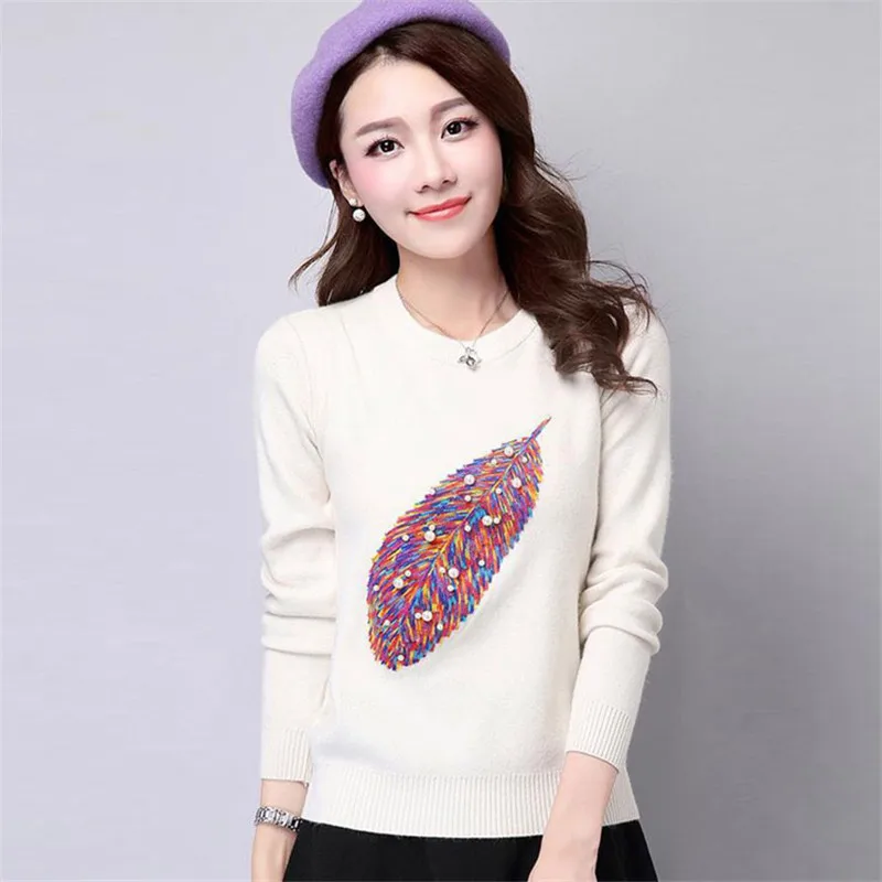 

Womens Sweaters 2019 Autumn Beading Pullovers Sweaters Long Sleeve O-Neck Casual Jacquard Kintted Sweater Jumper Pull Femme R683