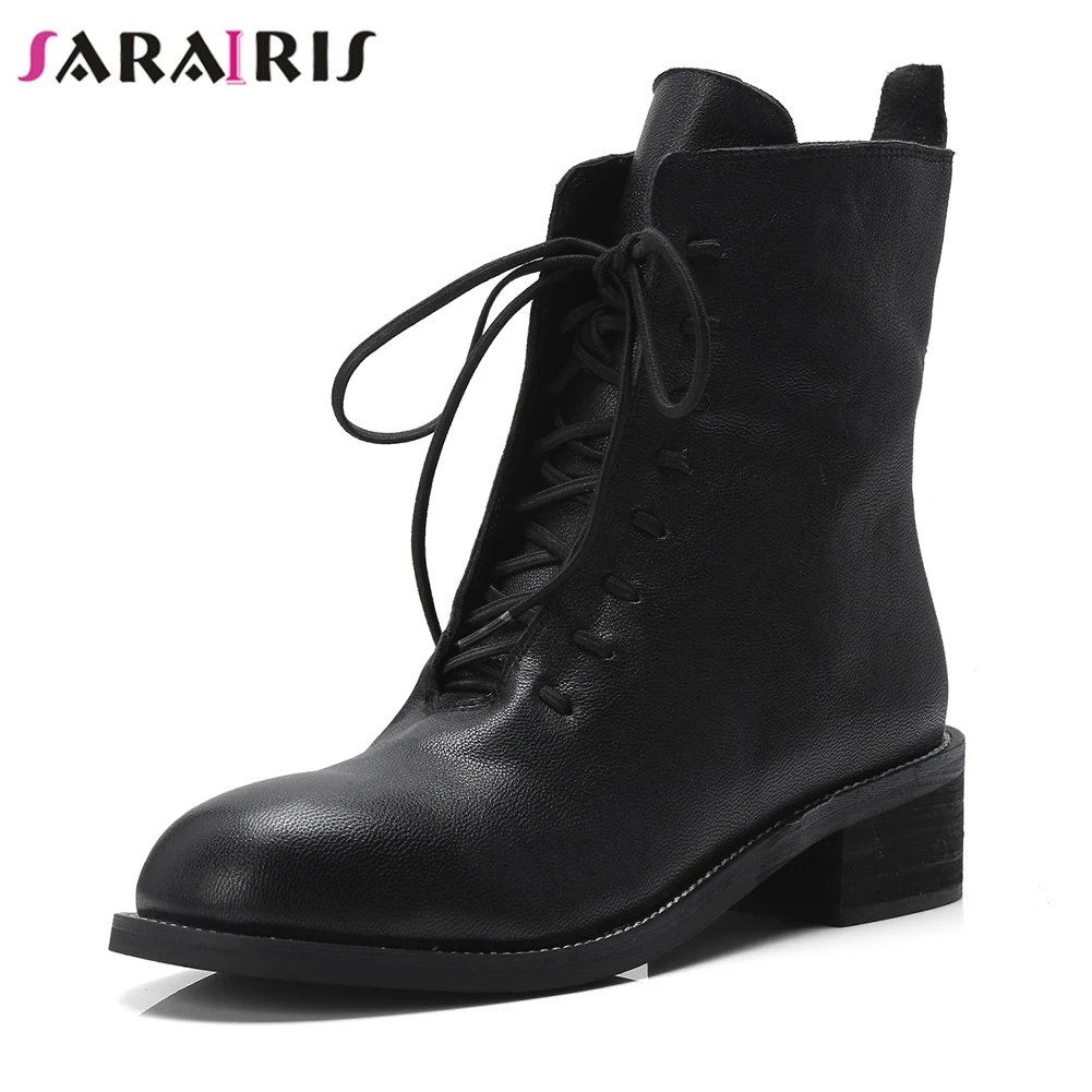 

SARAIRIS New Black Wide Med Heels 4cm Lace Up Shoes Woman Sheepskin Fashion Autumn Winter Ankle Boots For Woman Large Size 34-40