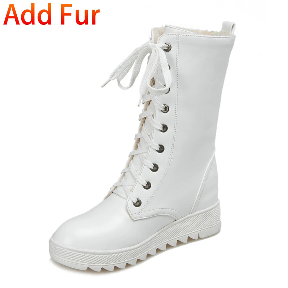 DoraTasia/Большие размеры 34-43, новые зимние сапоги, нескользящая обувь на шнуровке, увеличивающая рост, женские повседневные зимние весенние сапоги до середины икры - Цвет: white add fur