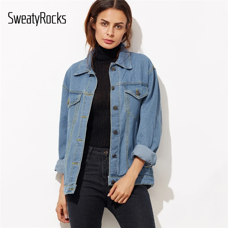 

SweatyRocks Button Front Pockets Boyfriend Denim Jacket Women Coats 2018 Clothes Female Jeans Coat Blue Womens Outerwear Jackets
