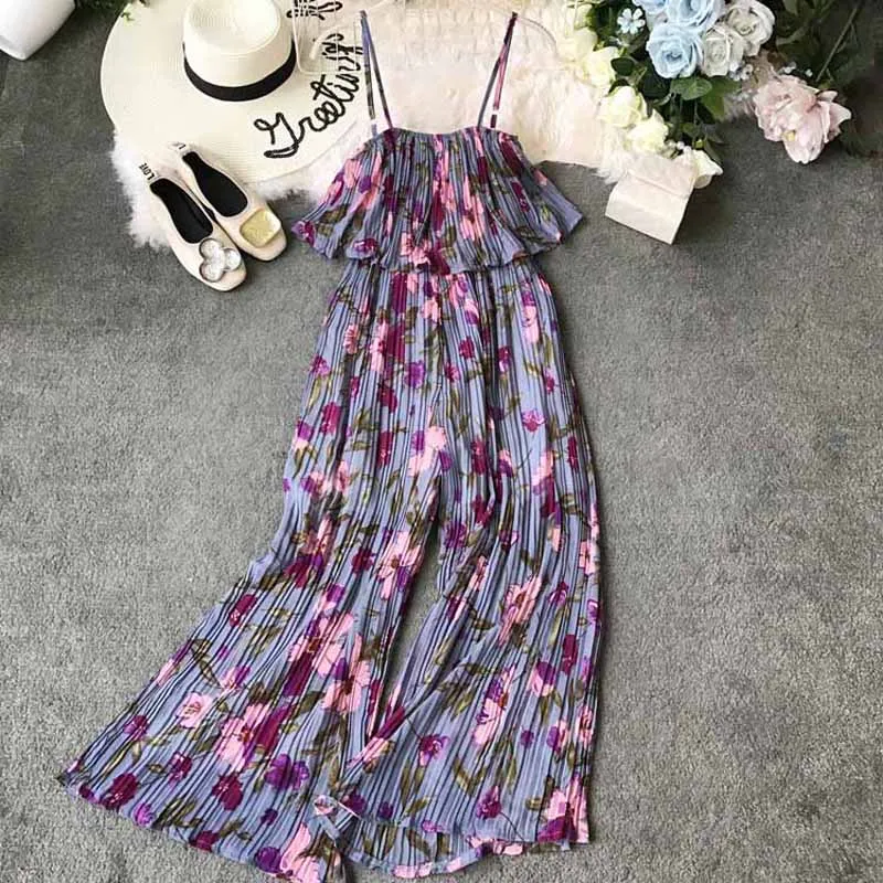 

Women Summer 2019 New Bohemia Printed Floral Jumpsuits Ruffled Sling Design Ladies Holiday Casual Outfit Rompers