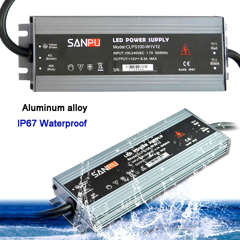 Baratos Fuente de alimentación LED ultrafina impermeable IP67 45 W 60 W 100 W 120 W 150 W 200 W 250 W 300 W transformador 175V ~ 240V a DC12V 24V
