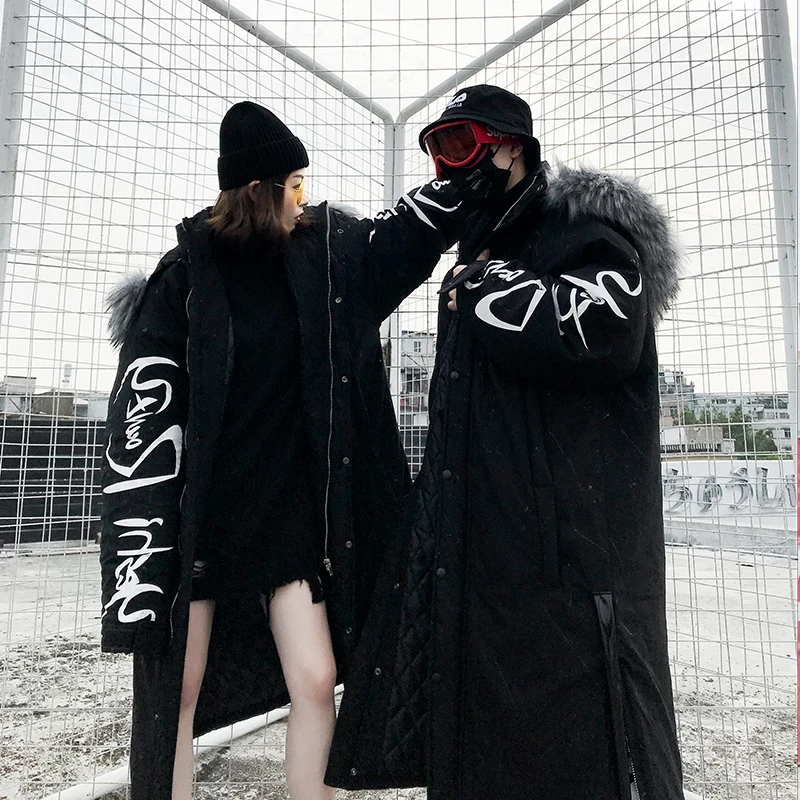 

The2018 new detachable fur collar splashed ink long cotton-padded jacket for women who wear a knee-length coat