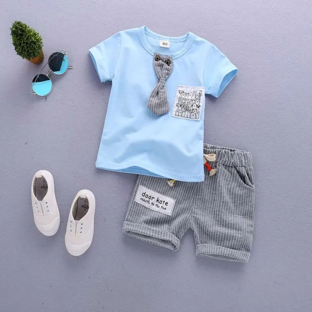 

High Quality Summer 100% Cotton Children Baby Clothing Soft Fastener Tops and Khaki Pants Suit for 0~3 Year Old Kids 90cm~120cm