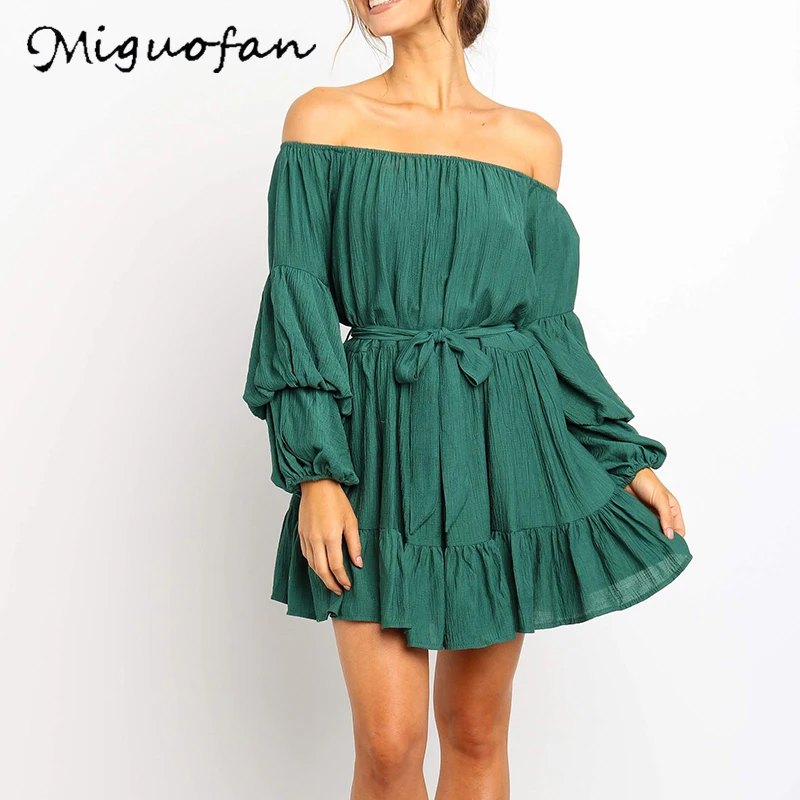 

Miguofan Sexy Off Shoulder Mini Dress Women Puff Sleeve Ruffles Black Pleated Dress Elegant Party Night Ladies Dresses 2019