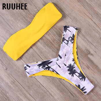 

RUUHEE Bikini Swimsuit Women Swimwear Palm Printed Sexy Bikinis Set Bandage Bathing Suit Female Beachwear Padded Swimsuit