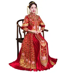 2018 г.; модные красные вышивки Cheongsam Длинные Qipao Китайский традиционный свадебное платье невесты традиции халат Rouge Vestido Oriental