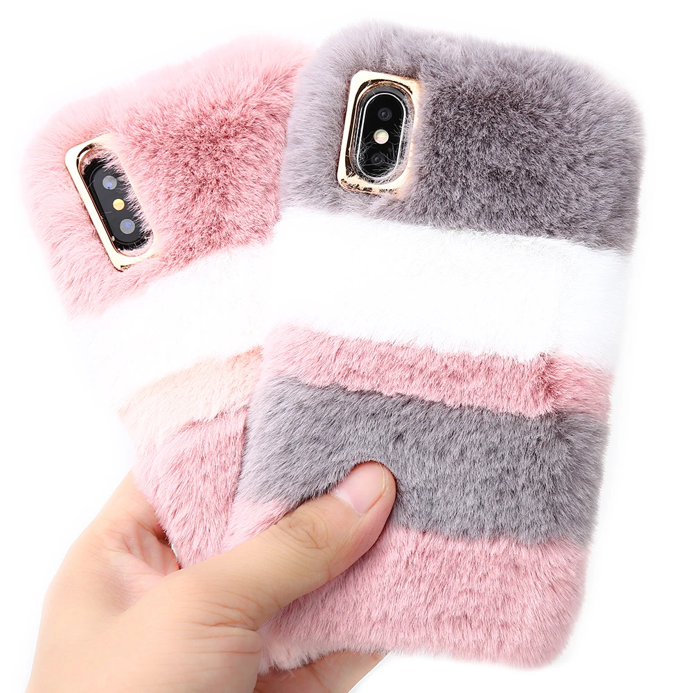

Haissky Cute Rabbit Hair Fur Case for iPhone 6 6S 7 8 X Xs Max Soft TPU Funda cover for iPhone 6 7 8 Plus winter cool Case coque