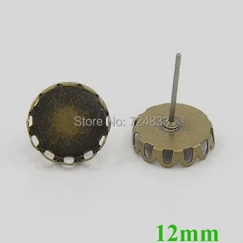 

Blank Earrings Bases 12mm Round Hollow Bezel Tray Cabochons Stud Earrings Post Settings Findings Antique Bronze tone Wholesale