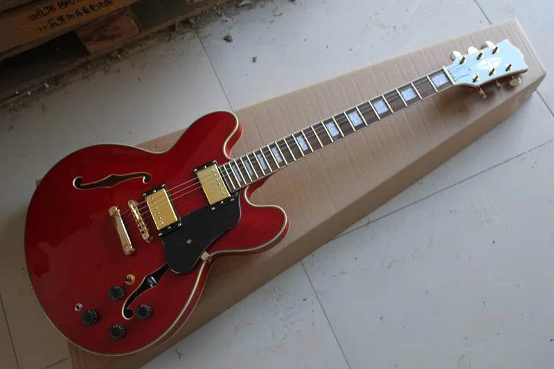 

Free Shipping Double F hole Red Top Hollow Body Mahogany ES335 Jazz Electric guitar with Golden Hardware 141110