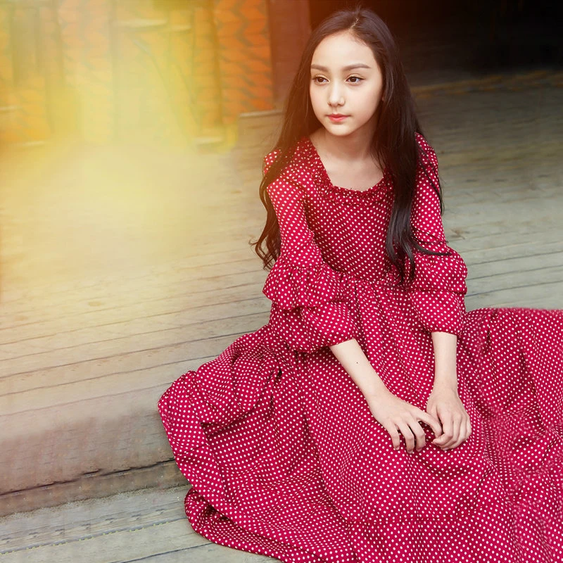 

2018 Princess Girls Polka Dot Dress Red Ruffled Layers Design Sweet Country Style Smocked for Age56789 10 11 12 13 14 Years Old