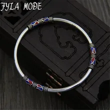 Fyla Mode 925 Sterling Silver Bangle Bracelet Retro Ethnic Style Cloisonne Enamel Thai Silver Bangle 3mm 11g WTB078