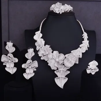 

GODKI Super Luxury Sparkling Leaf Flower Boom Full Micro Cubic Zirconia Women Wedding Dress Necklace Earring Jewelry Set