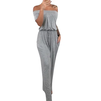 

Sexy Off Shoulder Slash Neck Elastic Waist Short Sleeve Women Jumpsuits Female Backless Casual Solid Pockets Jumpsuits SJ3350U