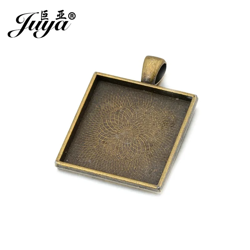 JUYA 10pcs/lot 25mm Square Cabochons Bases Settings Zinc Alloy Pendant Bezel Trays Fit 25mm Glass Cabochon DIY Necklace Making - Color: Bronze