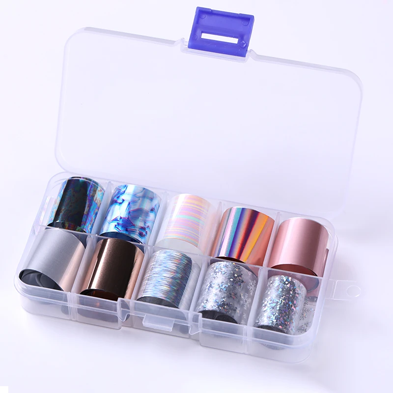 

10 Rolls/Box Holographic Nail Foils Nails Wraps Multi-pattern Colorful Transfer Sticker Decals Tips Nail Art Decorations