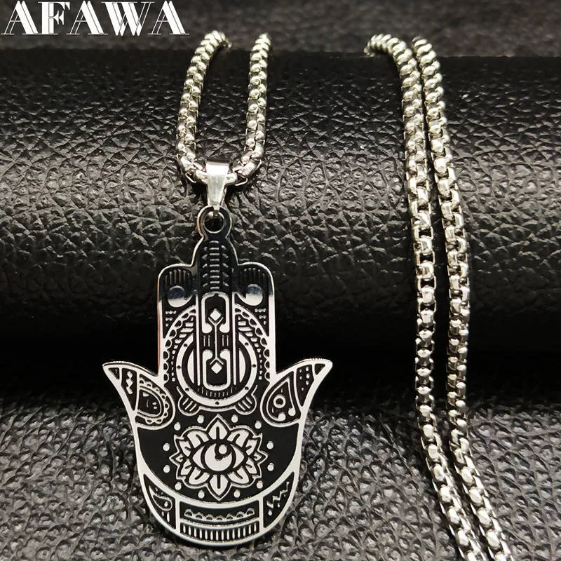 

2019 Yoga Lotus Hamsa Hand Stainless Steel Chain Necklace Men Silver Color Black Statement Chain Necklace Jewelry joyas B18203