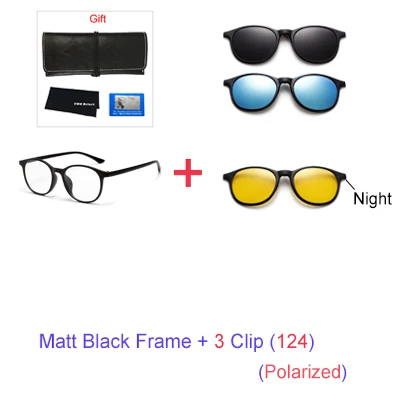 1 Frame 3 Clip 124 TWO Oclock Magnet Sunglass Women Men Polarized Lens Optical Spectacle Frame Clip On Glasses Men Round TR90 3D Night Vision A2245 - Цвет линз: 1 Frame 3 Clip 124
