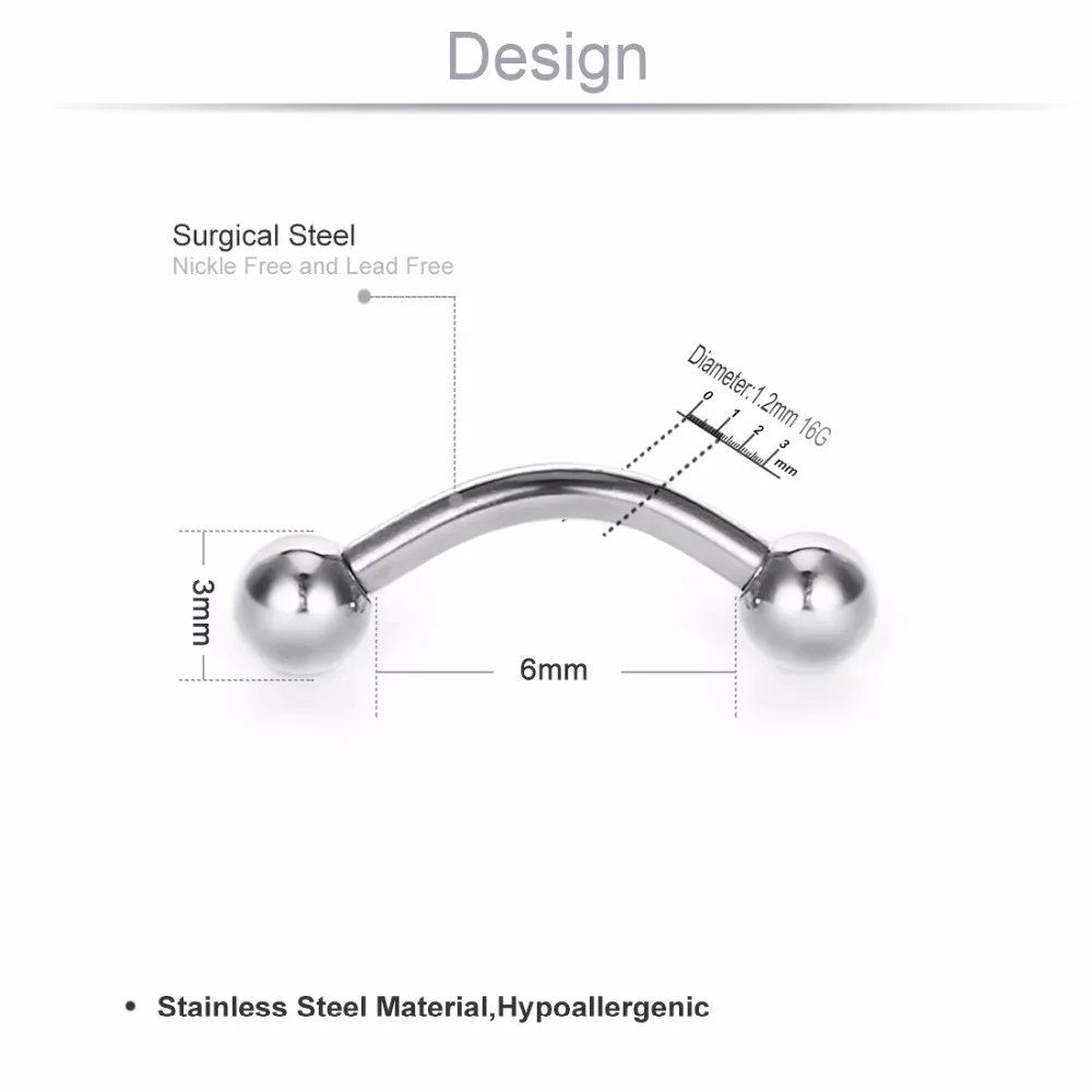 10 шт./лот 316L Нержавеющая сталь винт в шаровая Головка бровей Триммер для носа пирсинг 16G/14G банан полированная, ювелирное изделие для тела, 6/8/10/12 мм MD003