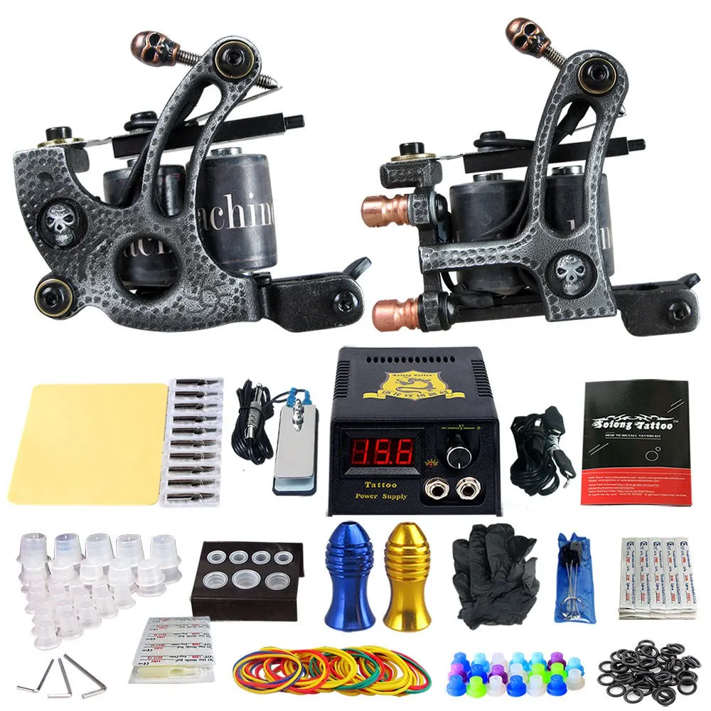 

Complete Tattoo Machine Kit Set 2 Coils Guns Sets Grips Body Arts Supplies Needles Tips Tattoo Beginner Kits TK202-27
