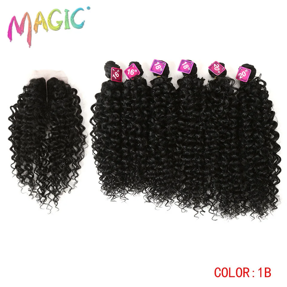 Syntetyczne Afro Kinky kręcone włosy blond 16-20Inch 7 sztuk/lot syntetyczne przedłużanie włosów 6Pieces z zamknięciem koronki dla czarnych kobiet -