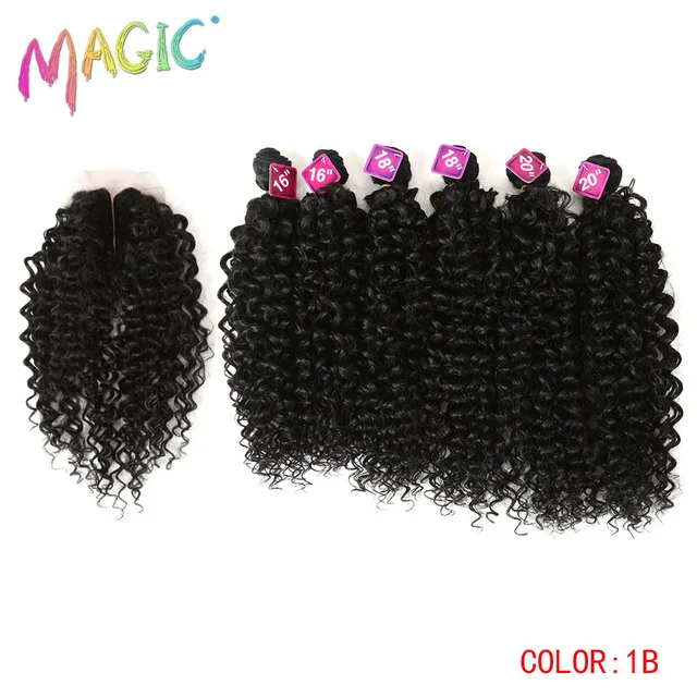 Syntetyczne Afro Kinky kręcone włosy blond 16-20Inch 7 sztuk/lot syntetyczne przedłużanie włosów 6Pieces z zamknięciem koronki dla czarnych kobiet -
