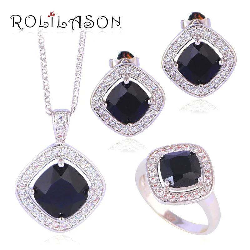 Для женщин серебро серьги ожерелье Модные Ювелирные наборы кольцо черный Onxy Кристалл циркония JS635