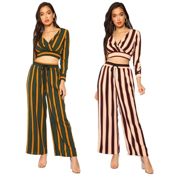 

Fashion Striped Tops With Pants 2018 Summer Long Sleeve Striped Vest With Full Length Trousers Women Casual Two Piece