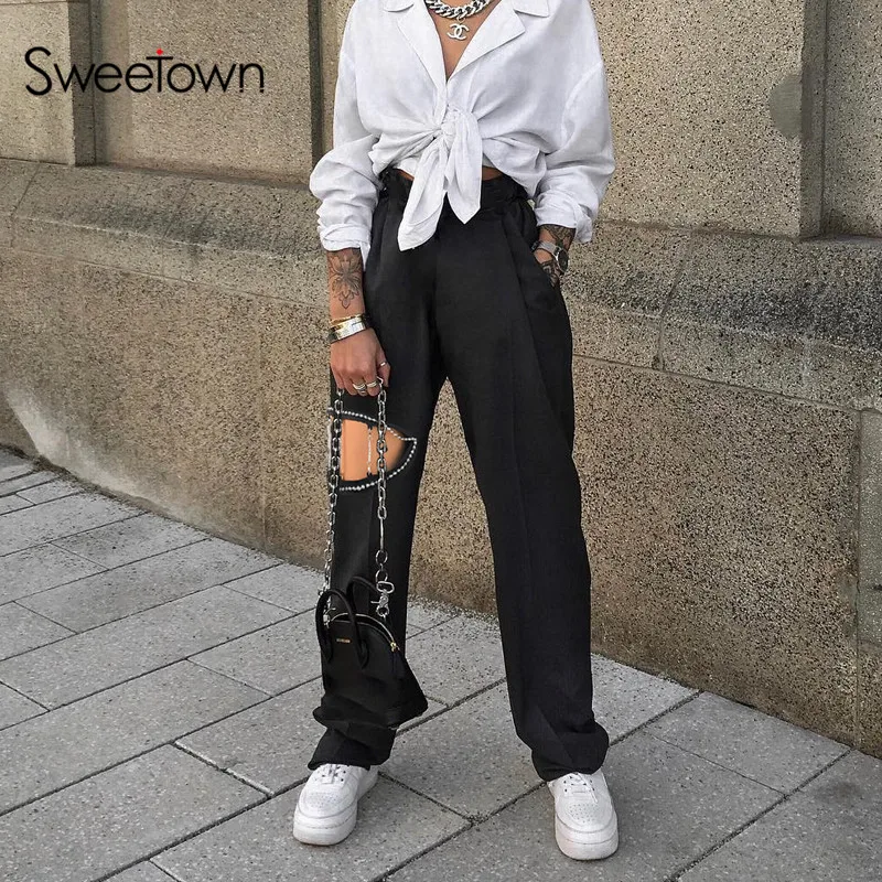 

Sweetown Black Solid Casual Loose Baggy Pants Women Hollow Out Patchwork Metal Beading Straight Ladies Trousers Streetwear