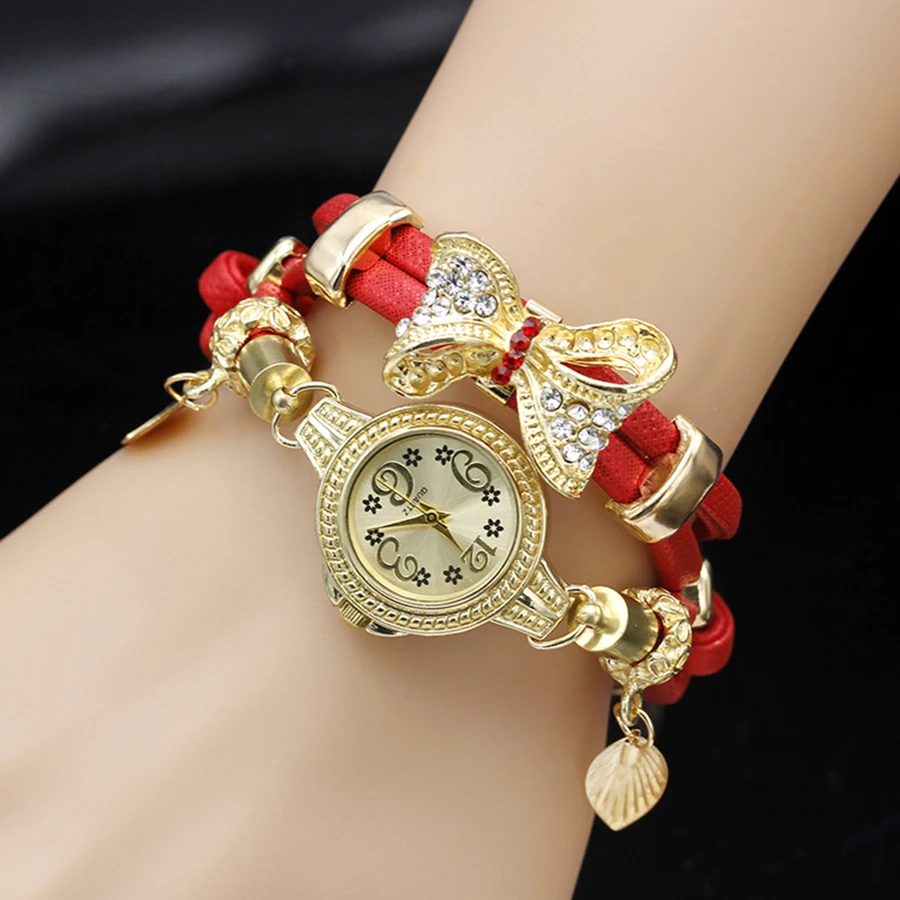 Shsby модные женские Стразы Часы Женский веревочный ремешок золотой сплав браслет с бантами кварцевые наручные часы Женское платье часы