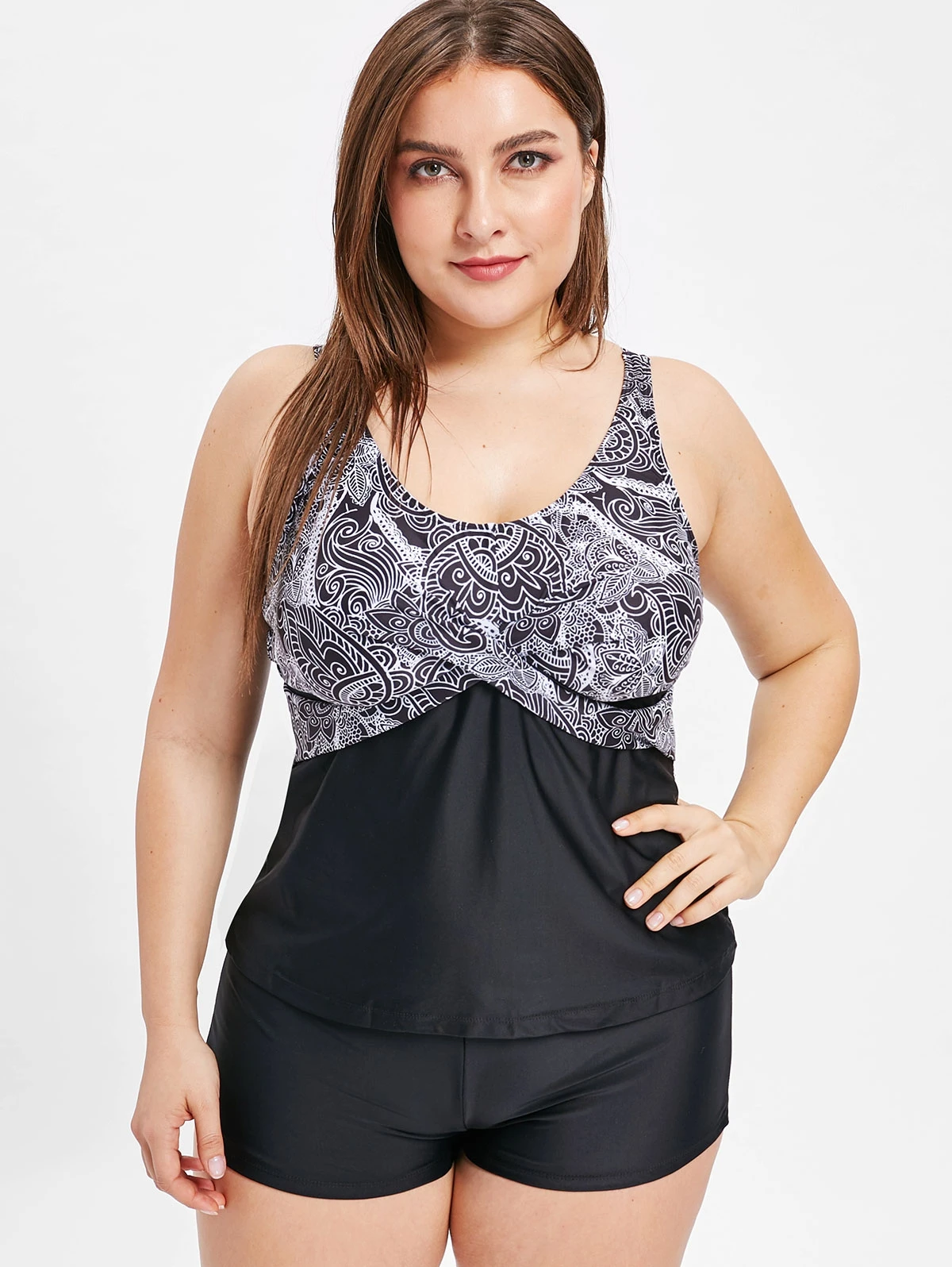 Women's Swimsuits Printed Criss Cross Tankini Sets With Boy Shorts Ladies Bikini Set Push-Up Swimwear Plus Size