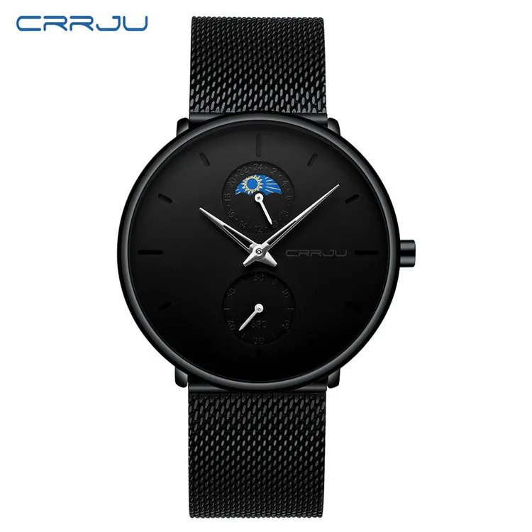 silver Топ бренд класса люкс CRRJU мужские полностью стальные сетчатые часы простые Стильные черные водонепроницаемые кварцевые наручные часы с фазой Луны Relogio - Цвет: silver