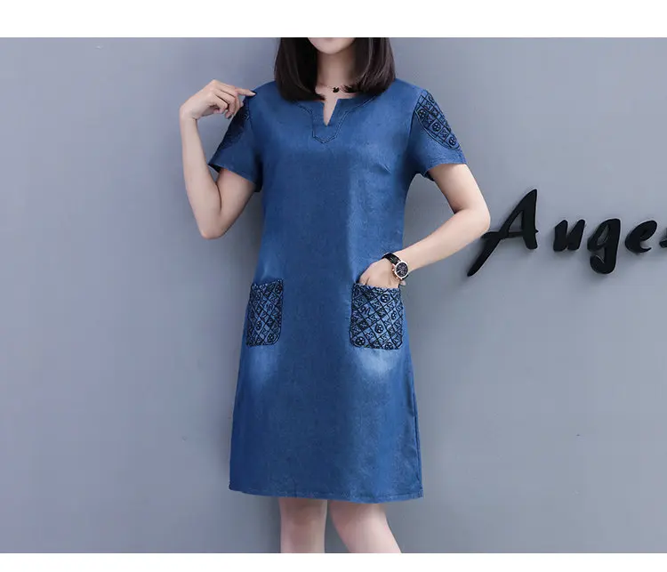 New Fashion Embroidery Dresses Women 2018 Summer Blue Denim Dress Women Casual Short Sleeve Large Size Dress Vestidos Mujer S-5XL (4)