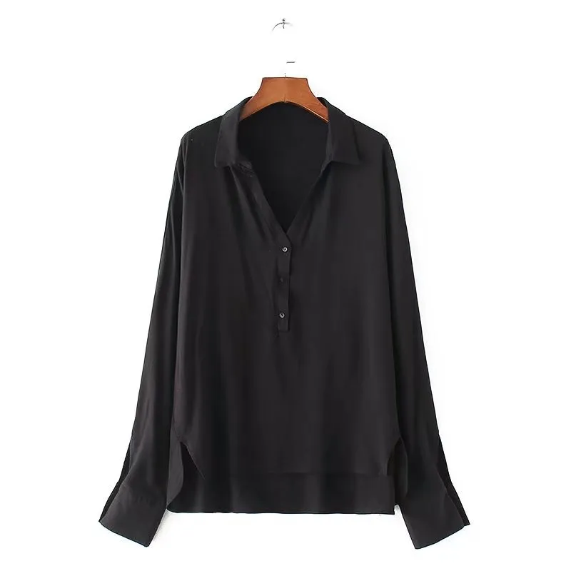 Deep V Neck Turn Down Collar Plain Blouses Deep V Neck Turn Down Collar Plain Blouses