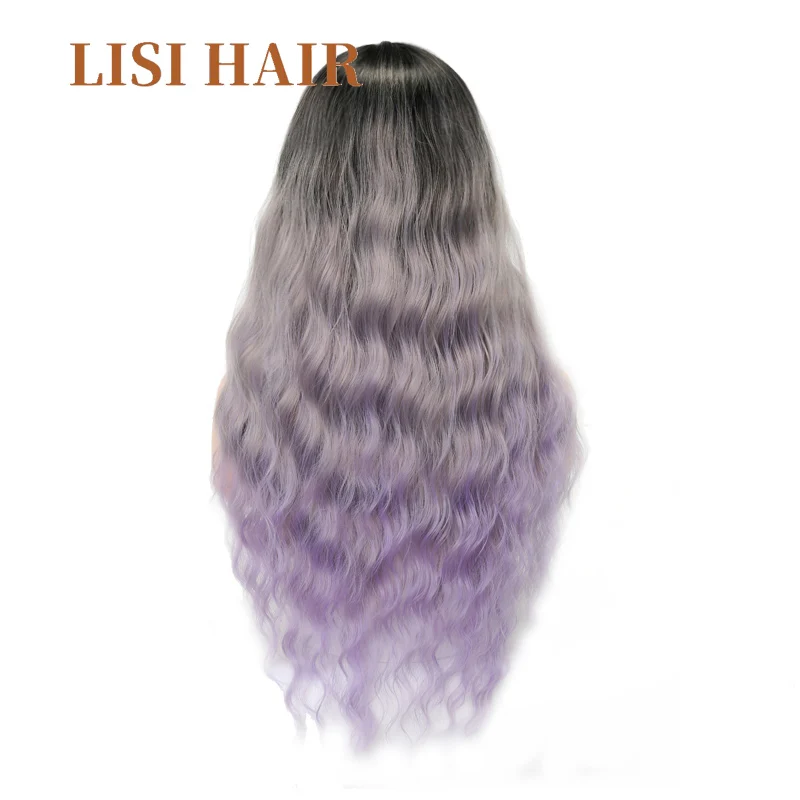 LISI волосы 26 дюймов длинные волнистые парики для женщин черный Омбре фиолетовый цвет синтетические волосы высокая температура волокно средний размер