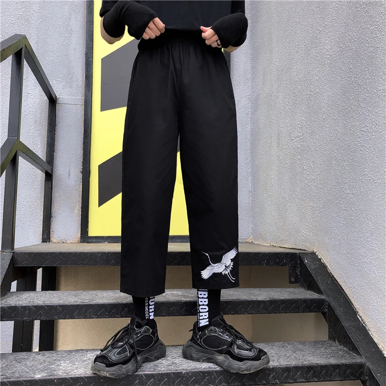 

High Elastic Waist Embroidery Crane Loose Ankle Cargo Pant Harajuku Streetwear Korean Women Man Jogger Pocket Slim Trouser Punk