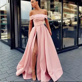 

Elegant Pink Evening Dress Long Lebanon Off The Shoulder Prom Dresses With High Slits Summer Holiday Women Formal Wear Dress