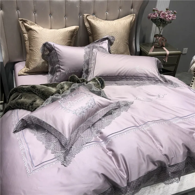 Queen King size из египетского хлопка кружева фиолетовый комплект постельного белья простыня одеяло покрывало, Комплект постельного белья