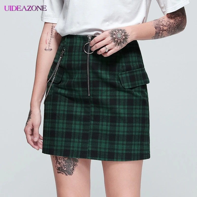 

UIDEAZONE Zipper Retro Slim Punk Chain Plaid Skirt Bag Hip Skirt A-line 2019 Summer Women Mini Sexy Night Party Skirts Womens