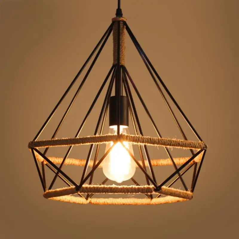 

Diamond Chandelier Iron Bird Cage Pendant Chandeliers Industrial Simple Lighting Hemp Rope Retro Dining Room Hanging Lamp S15