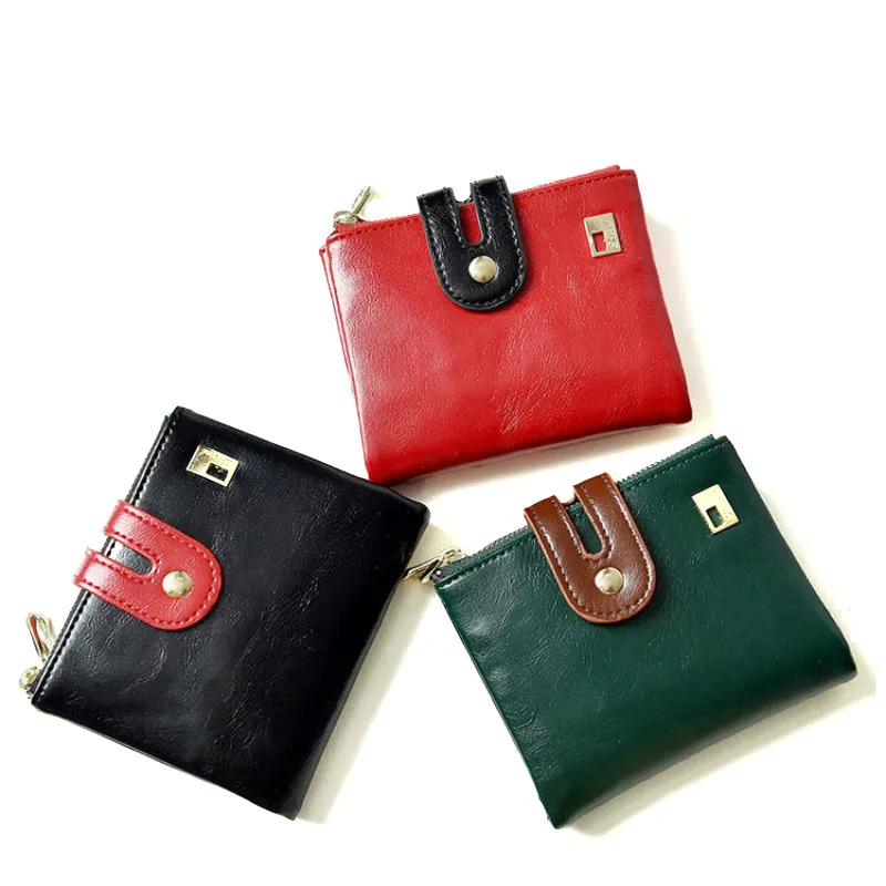 

2017 New Retro Oil Wax Pu Leather Small Short Ladies Wallet Double Zipper Buckle Clip Standard Patchwork Design Female Purse