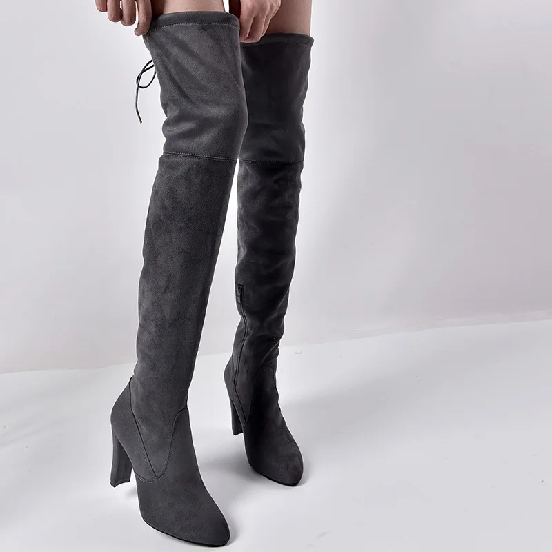 VTOTA/женские ботинки ботфорты черного цвета пикантные женские осенние сапоги до бедра сапоги с острым носком и боковой молнией; Botas Mujer; размер 43 - Цвет: Серый