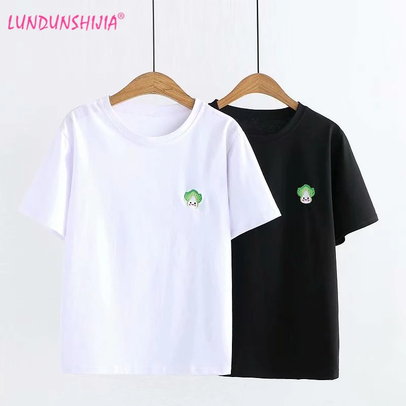 

LUNDUNSHIJIA New Arrival 2019 Summer Leisure T Shirt Tops Cabbage Embroidery T-shirts For Women