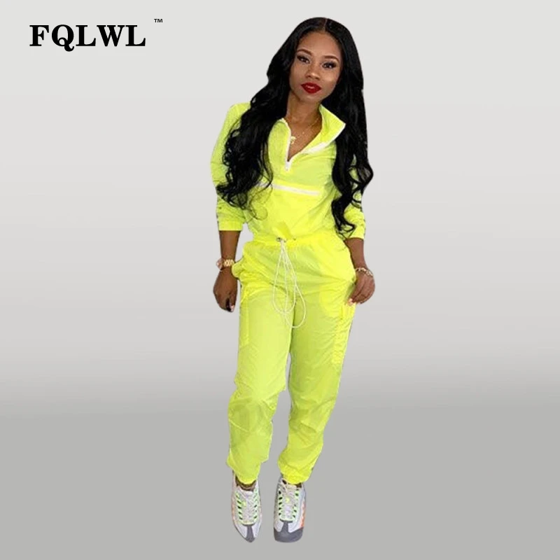 FQLWL Женский комплект 2 шт., розовая одежда на молнии с длинным рукавом, комплект из двух предметов, укороченный топ и штаны, костюм, спортивный костюм для женщин, подходящие комплекты - Цвет: Цвет: желтый