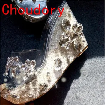 

Choudory Sandalia feminina wedges clear pvc 12.5cm high heel flip flops platform glitter jeweled gladiator sandals shoes woman