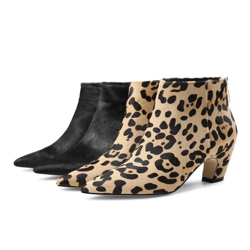 

women ankle boots horsehair leopard pointed toe autumn spring strange heel women female boots real leather women size 34-43