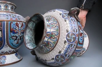 

China vintage royal Old Copper cloisonne enamel beast veins Crock Pot Vase Pair 8.02
